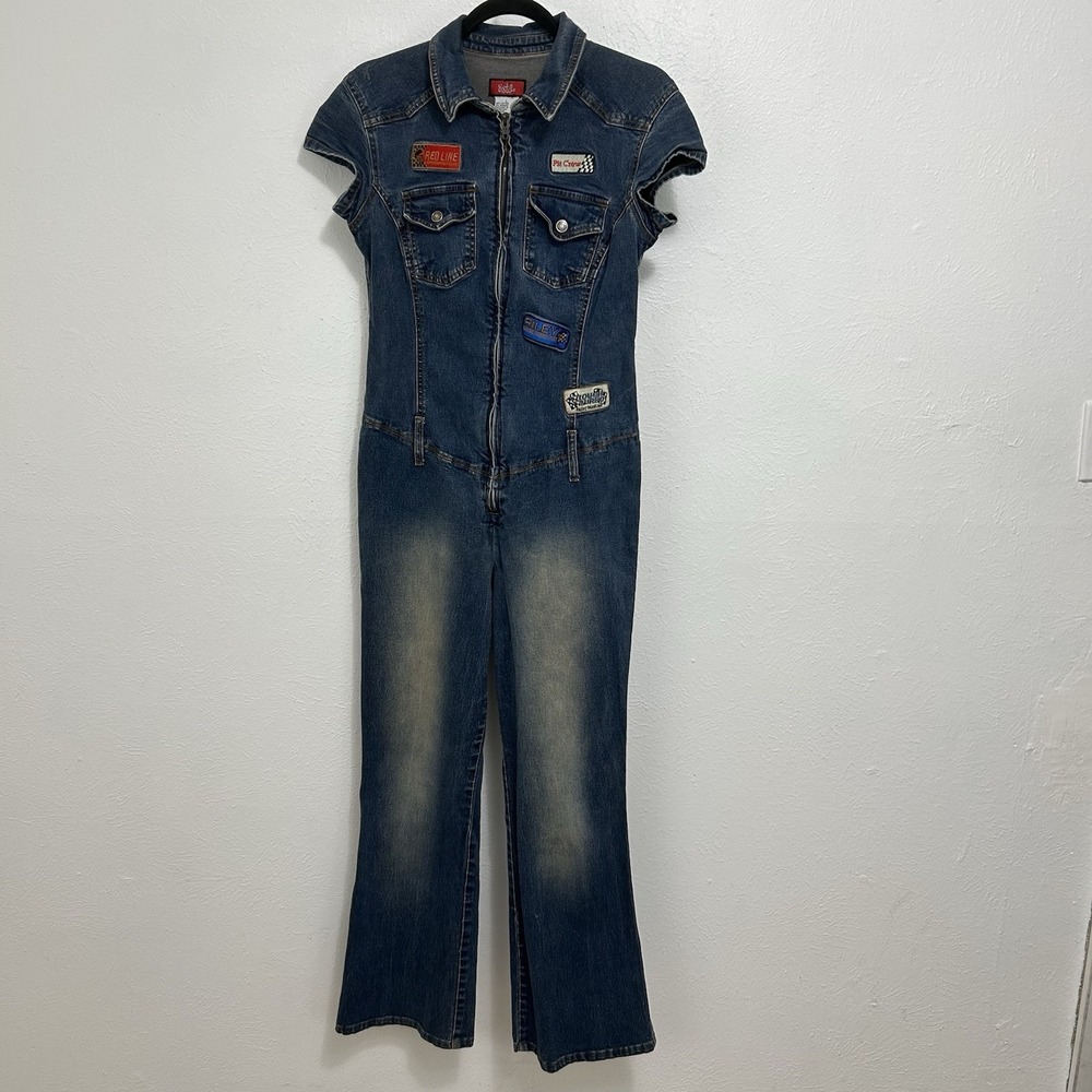 Vintage 2000s Y2K  Denim Flare Low Rise Jumpsuit Racing Patches Sz L Retro Cute